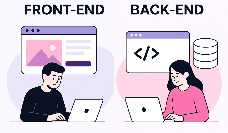 Що таке front-end та back-end розробка: проста мова для новачків Ілюстрація, що показує різницю між front-end та back-end веброзробкою — чоловік працює з інтерфейсом, жінка пише код на бекенді.