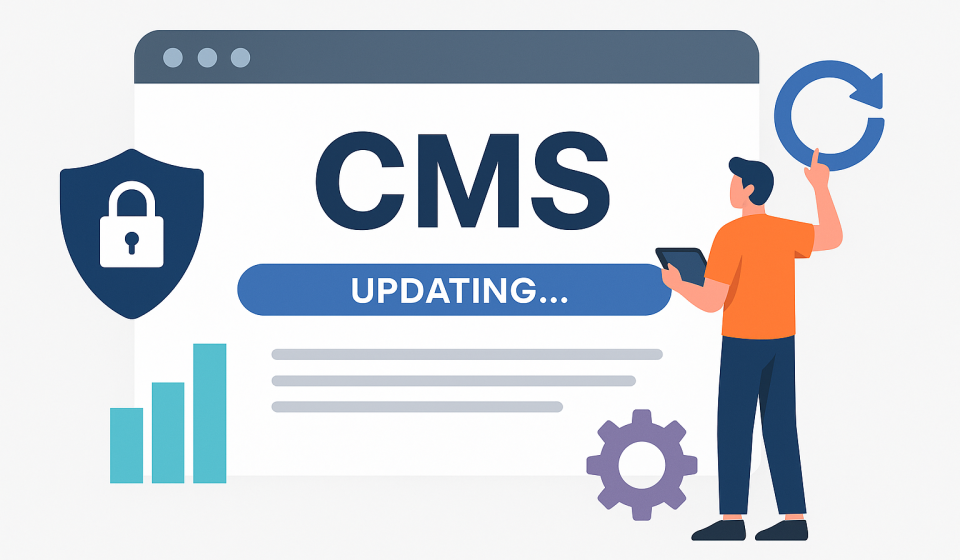 Чому важливо регулярно оновлювати CMS: безпека, продуктивність і підтримка функціоналу Ілюстрація оновлення CMS з іконкою безпеки та прогрес-баром