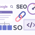 Ілюстрація з елементами SEO: Google пошук, sitemap, швидкість сайту, посилання та код