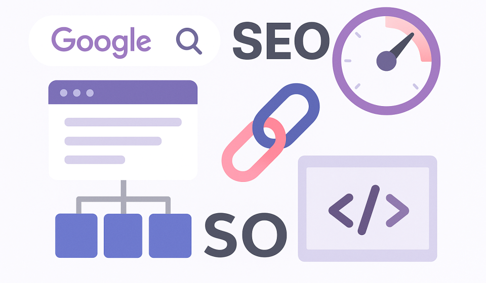 SEO-оптимізація сайту у 2025 році: повний гід для початківців Ілюстрація з елементами SEO: Google пошук, sitemap, швидкість сайту, посилання та код