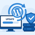 Безпечне оновлення WordPress із логотипом, щитом та монітором з прогрес-баром
