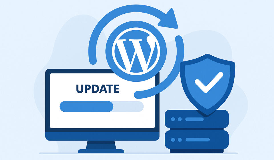 Як оновлювати WordPress, плагіни та теми безпечно Безпечне оновлення WordPress із логотипом, щитом та монітором з прогрес-баром
