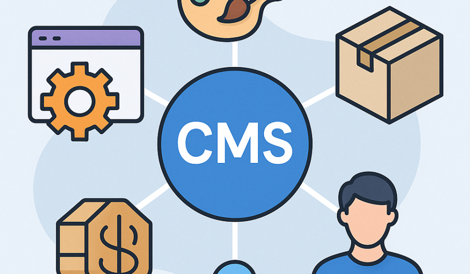 Що таке CMS і як обрати найкращу для свого сайту Схематичне зображення CMS із пов’язаними іконками користувача, коробки, пензля та браузера