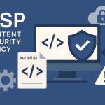 Flat-style illustration of Content Security Policy (CSP) with shield and code elements on a blue background