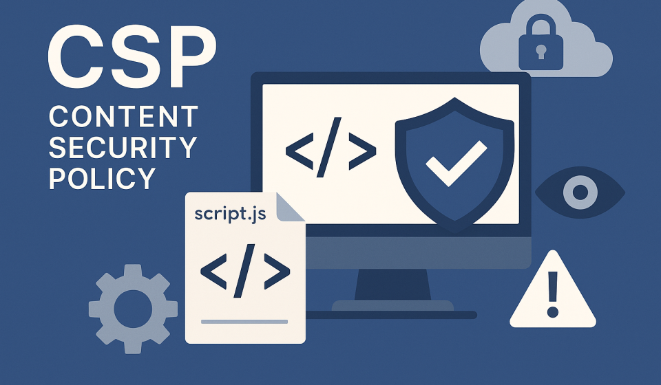 Flat-style illustration of Content Security Policy (CSP) with shield and code elements on a blue background