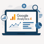 Панель Google Analytics 4 на ноутбуці з графіками та іконками даних