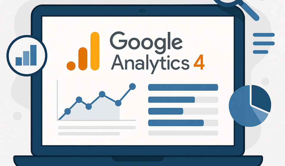 Як правильно налаштувати Google Analytics 4: покроковий гід Панель Google Analytics 4 на ноутбуці з графіками та іконками даних