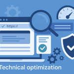 Технічна SEO-оптимізація сайту у вигляді діаграми з лупою, шестернями та кодом