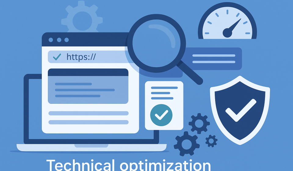 Технічна SEO-оптимізація сайту у вигляді діаграми з лупою, шестернями та кодом