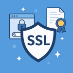 SSL сертифікат — іконка щита на фоні браузера і цифрового сертифіката