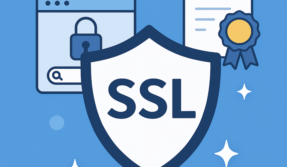 SSL-сертифікати: що потрібно знати у 2025 році для захисту сайту SSL сертифікат — іконка щита на фоні браузера і цифрового сертифіката