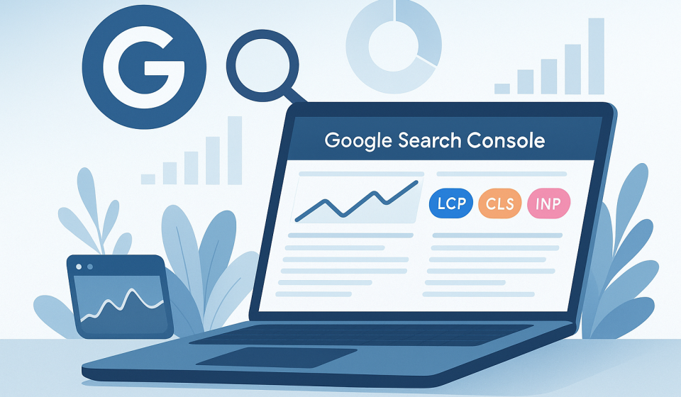 Як ефективно працювати з Google Search Console у 2025 році Google Search Console у 2025 році — ноутбук із графіками, звітами та метриками LCP, CLS, INP