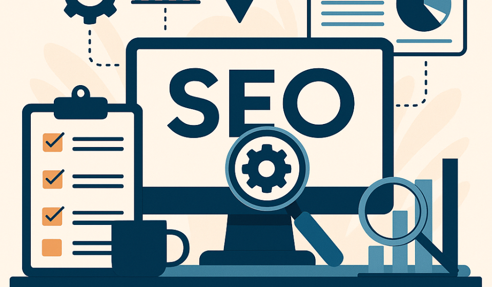 SEO-аудит сайту у 2025 році — монітор з графіками, шестерня та лупа для аналізу
