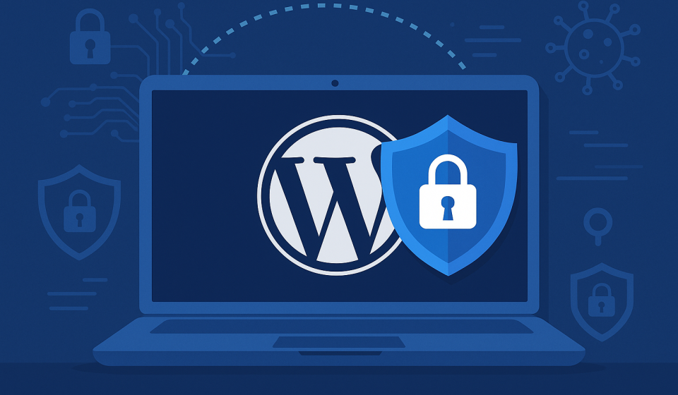 Захист WordPress у 2025 році — безпечний сайт, замок і щит на фоні ноутбука