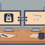 Широке зображення робочого столу з двома моніторами, що символізують переїзд інтернет-магазину з Horoshop на OpenCart