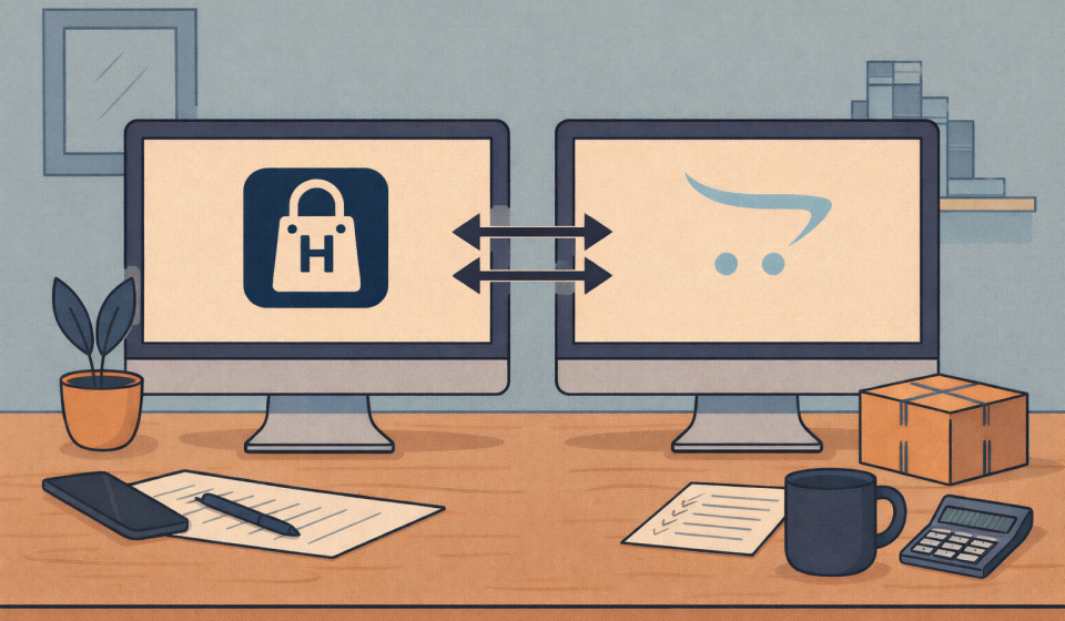 Широке зображення робочого столу з двома моніторами, що символізують переїзд інтернет-магазину з Horoshop на OpenCart