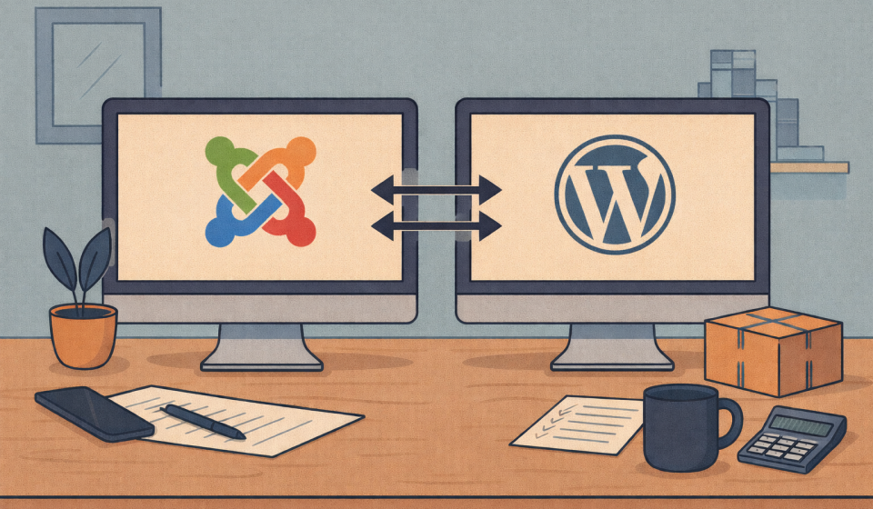 Широке зображення робочого простору з моніторами, що символізують міграцію сайту з Joomla на WordPress без втрати SEO