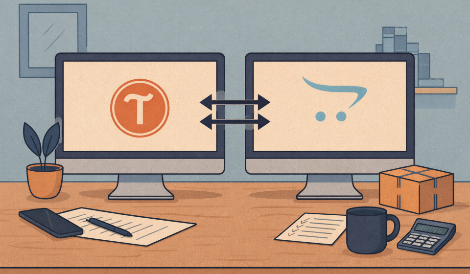 Широке зображення робочого столу з двома моніторами, що символізують перенесення сайту з Tilda на OpenCart