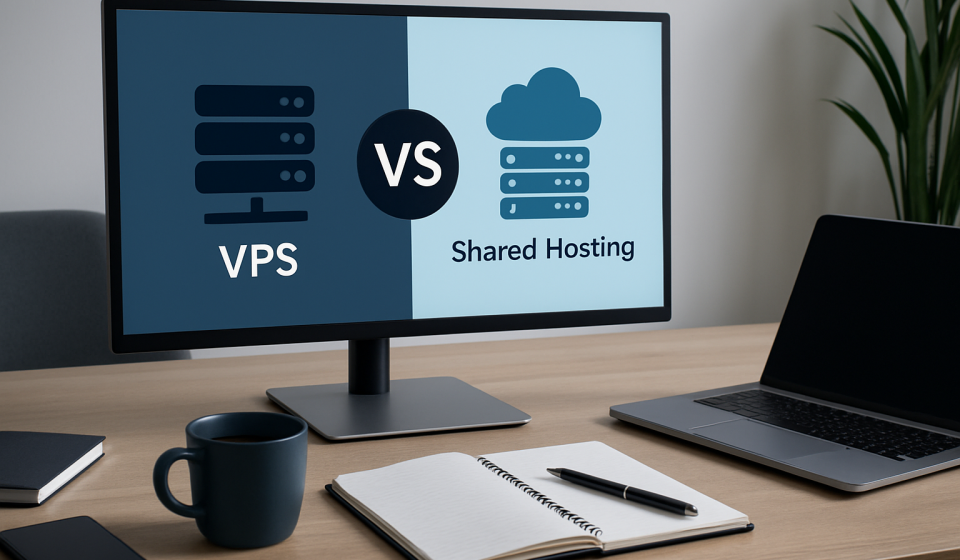 Широке зображення робочого столу з монітором, що показує порівняння VPS і Shared Hosting