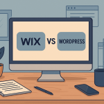 VPS чи Shared Hosting: що вибрати бізнесу у 2025 році Широке зображення робочого столу з монітором, на якому показано порівняння Wix і WordPress