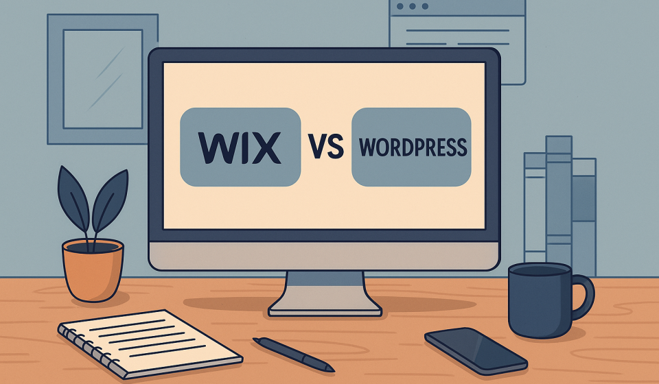 Широке зображення робочого столу з монітором, на якому показано порівняння Wix і WordPress