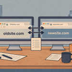 Широке зображення з двома моніторами, що показують перенесення корпоративного сайту зі старого домену на новий без втрати трафіку