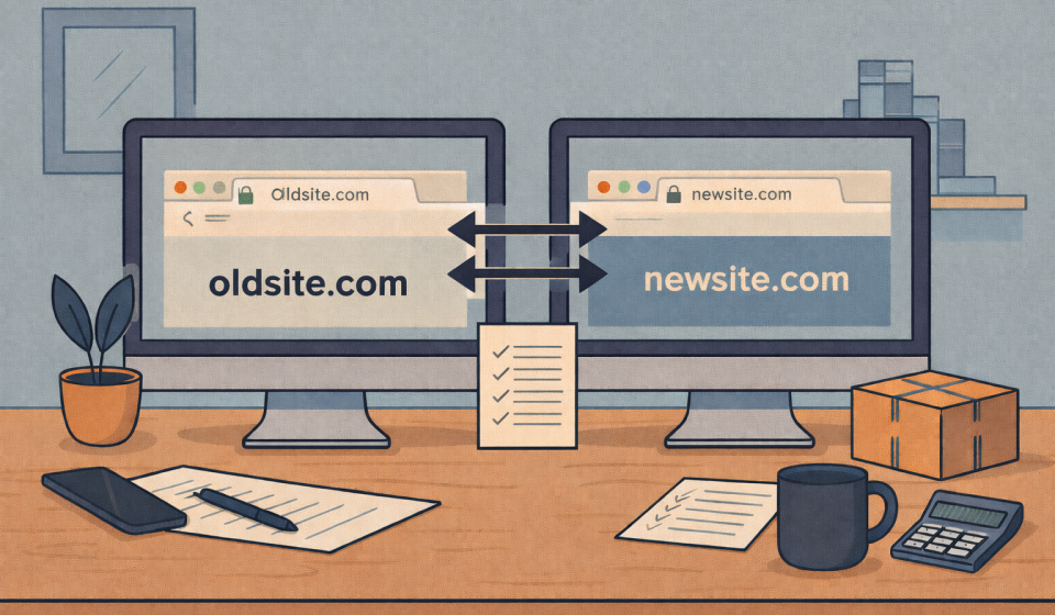 Широке зображення з двома моніторами, що показують перенесення корпоративного сайту зі старого домену на новий без втрати трафіку