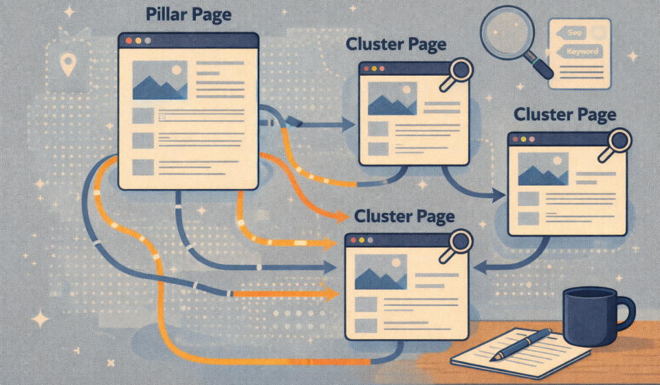 Широке зображення, що ілюструє структуру тематичних SEO-кластерів і внутрішню перелінковку сайту